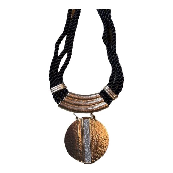 Chico’s Bold & Gold Rope Statement Necklace with Hammered Medallion - Picture 1 of 8